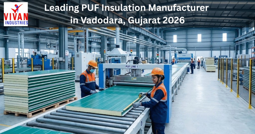 PUF insulation panels being manufactured on an automated production line in a modern factory in Vadodara, Gujarat by a leading PUF insulation manufacturer in 2026.