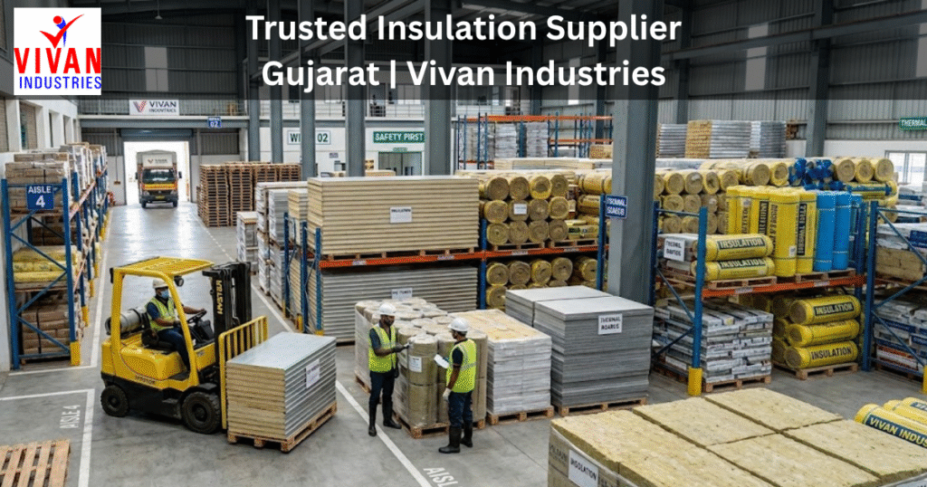 Industrial warehouse storing insulation materials like PUF panels and insulation rolls at Vivan Industries, a trusted insulation supplier in Gujarat.