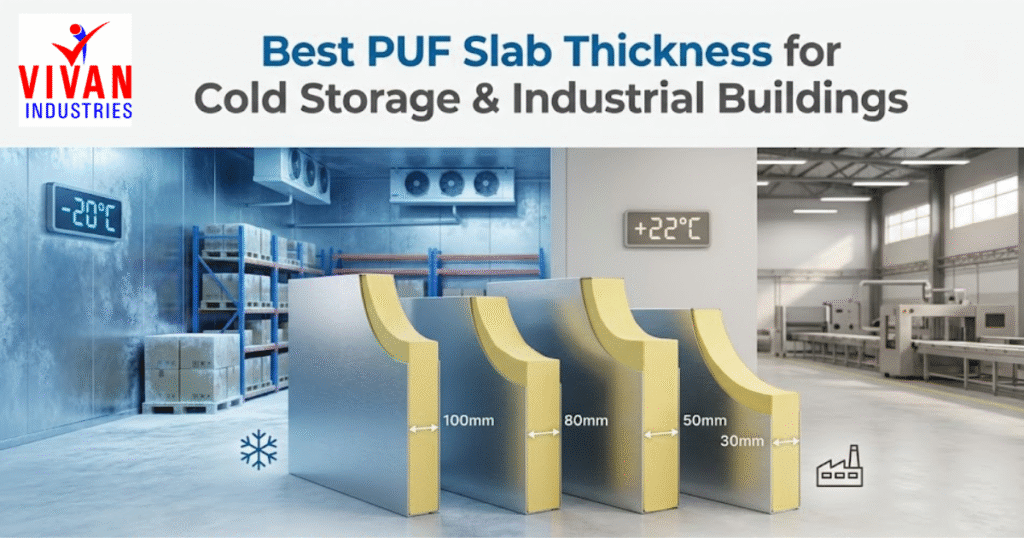PUF slab thickness comparison for cold storage and industrial buildings showing 30mm, 50mm, 80mm and 100mm insulation panels