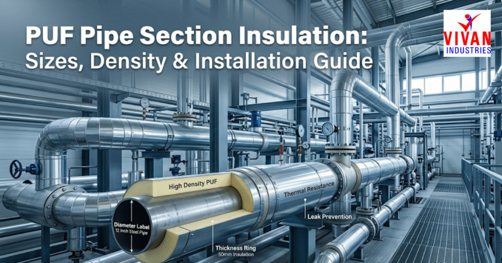 PUF pipe section insulation installed on industrial pipelines showing high-density polyurethane foam layers for thermal resistance and leak prevention in a modern facility