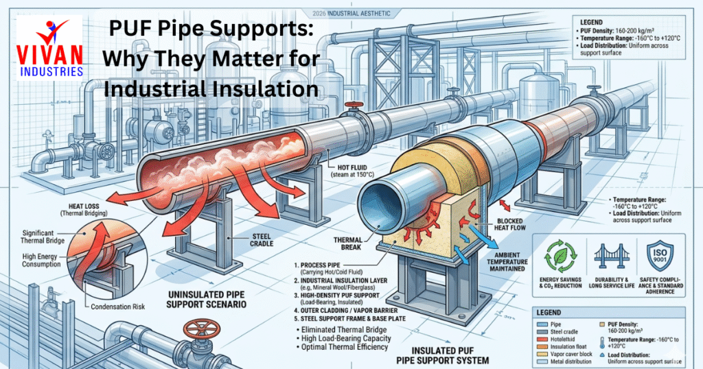 PUF pipe supports installed on industrial pipelines showing insulation, load support, and condensation control in a process plant