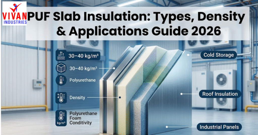 PUF slab insulation panel showing density layers and industrial applications like cold storage and roof insulation