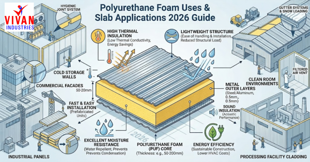 Polyurethane foam uses in construction showing PUF sandwich panel slab structure with insulation layers, cold storage walls, industrial roofing panels, moisture resistance, sound insulation, and energy-efficient building applications by Vivan Industries.