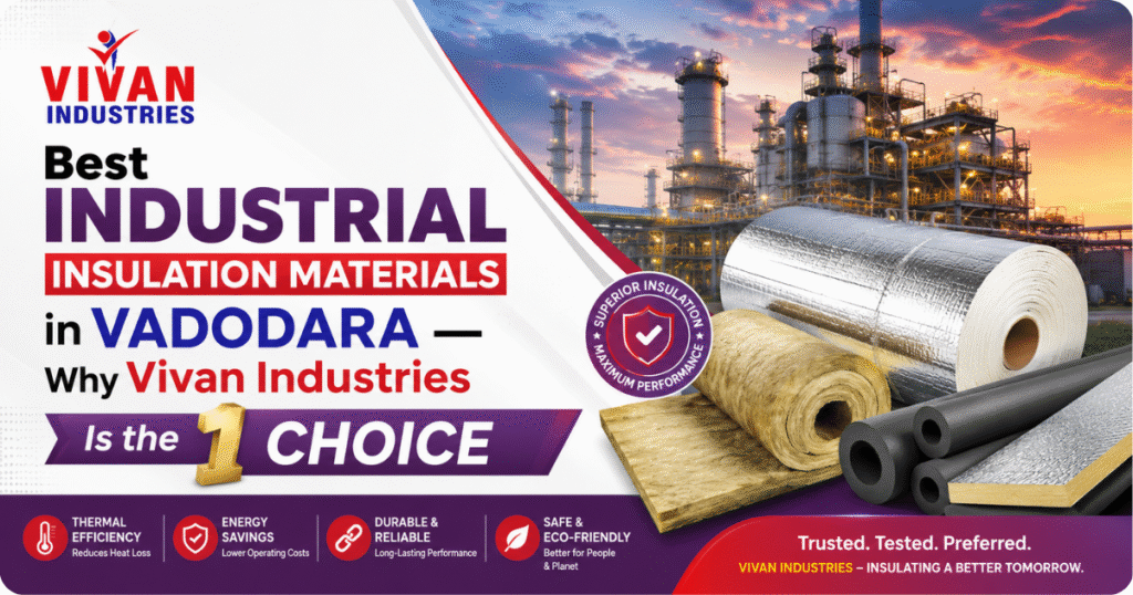 Best industrial insulation materials in Vadodara featuring thermal insulation products, mineral wool rolls, insulation pipes, and energy-efficient industrial insulation solutions by Vivan Industries.