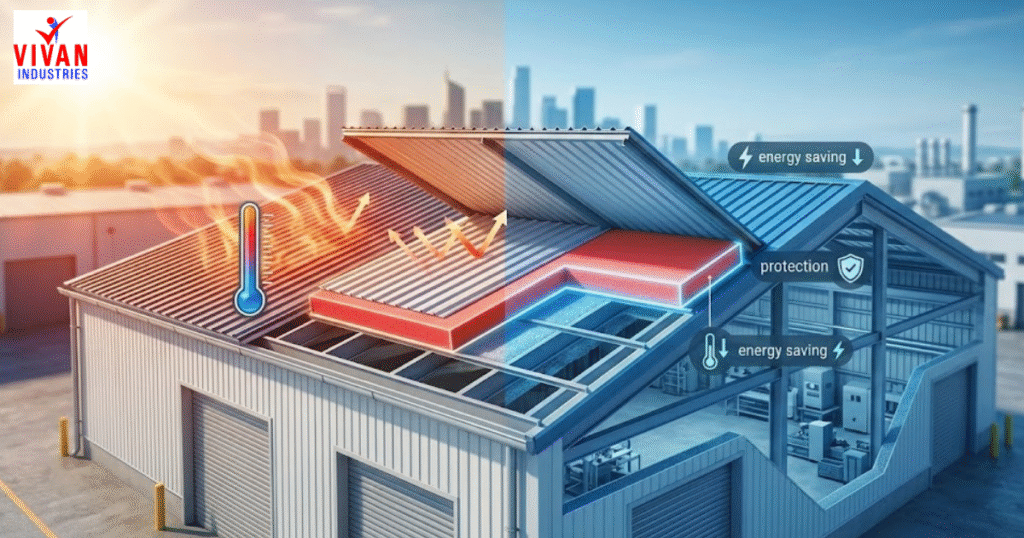 PUF insulated roof sheets with thermal barrier showing heat resistance and energy saving for industrial buildings