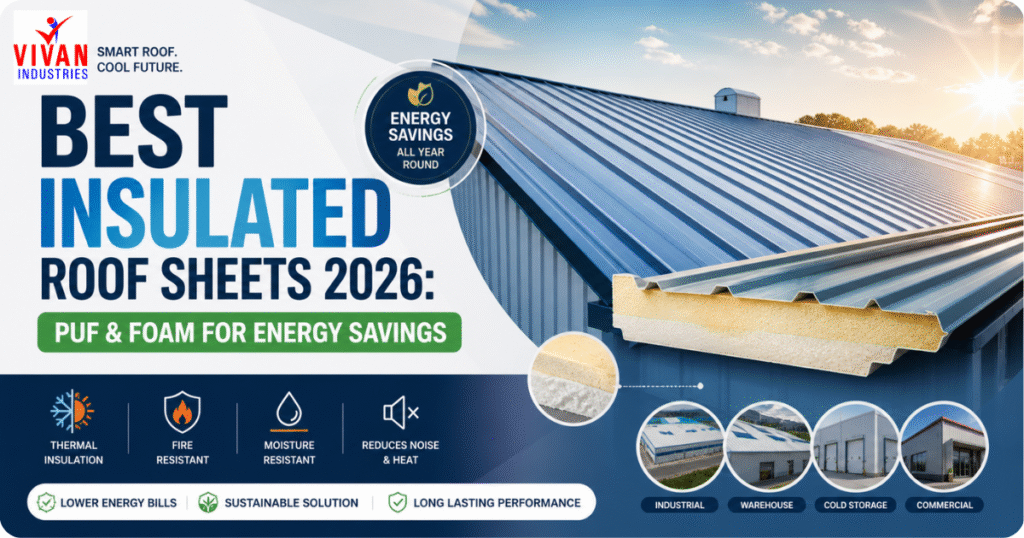 Best insulated roof sheets 2026 with PUF and foam core showing energy-efficient roofing solution for industrial and commercial buildings