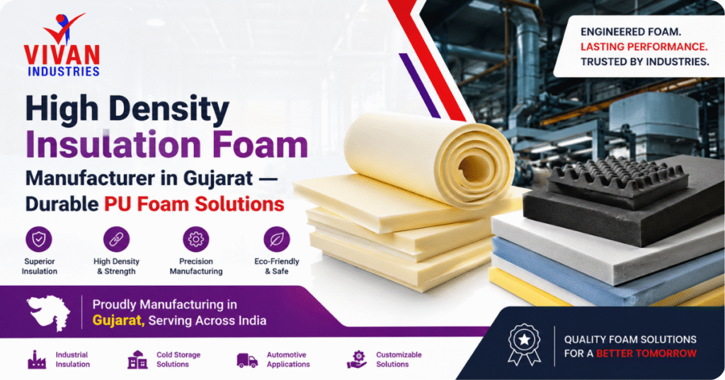 High density insulation foam manufacturer in Gujarat featuring durable PU foam sheets and rolls for industrial insulation, cold storage, and acoustic applications.