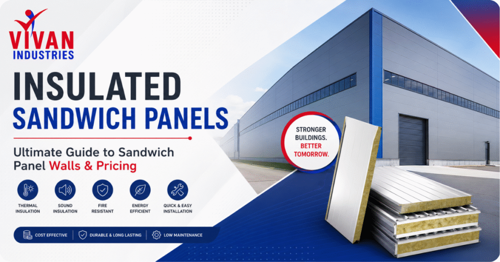 Insulated sandwich panels for industrial building walls showing panel structure and warehouse exterior