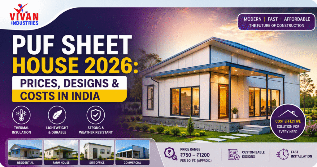 Modern PUF sheet house design in India with insulated prefab structure, pricing details, and construction benefits for 2026