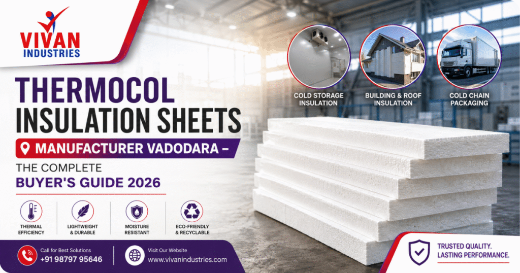 Thermocol insulation sheets manufacturer in Vadodara showcasing EPS sheets for cold storage insulation, roof insulation, and cold chain packaging applications.