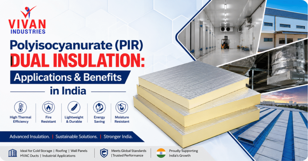 Polyisocyanurate (PIR) dual insulation panels showcasing applications and benefits in India, including cold storage facilities, HVAC duct insulation, industrial buildings, and energy-efficient roofing solutions.