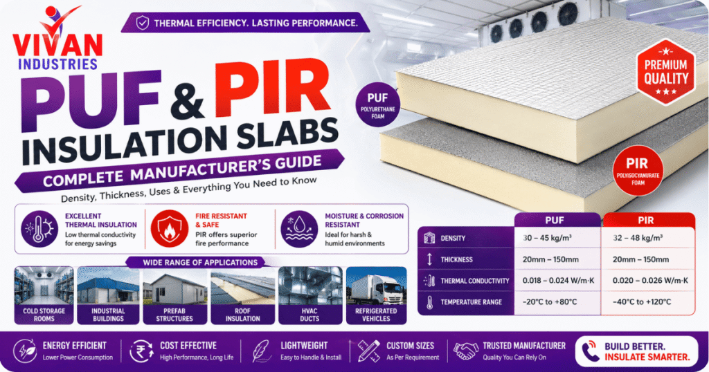 PUF and PIR Insulation Slabs manufacturer guide infographic showcasing density, thickness, thermal insulation properties, applications, and product specifications by Vivan Industries.