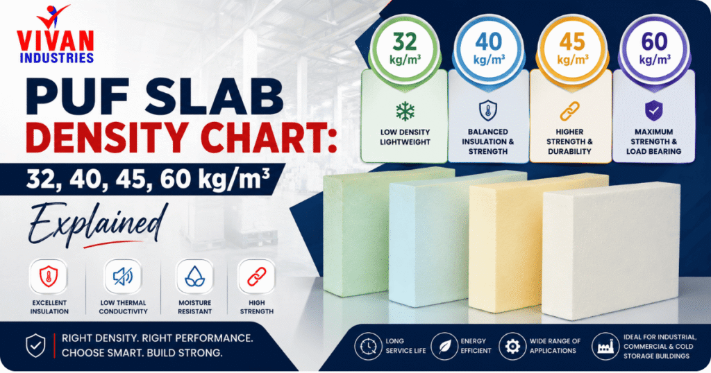 PUF Slab Density Chart comparing 32, 40, 45, and 60 kg/m³ insulation slabs by Vivan Industries for industrial and commercial insulation applications.