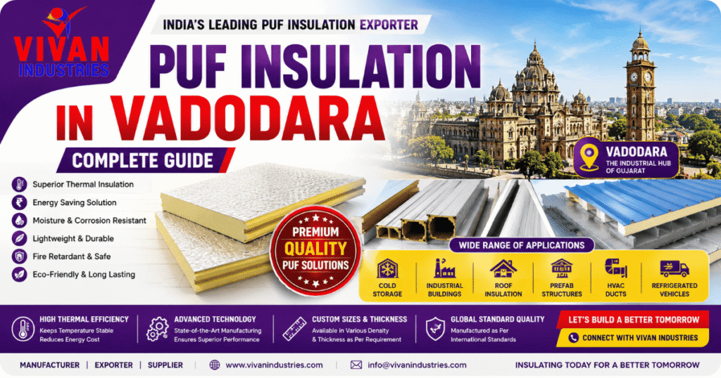 PUF insulation in Vadodara infographic featuring Vivan Industries, PUF insulation products, thermal efficiency benefits, industrial applications, and manufacturing solutions.