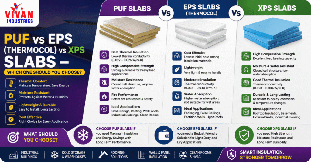 PUF vs EPS Thermocol vs XPS Slabs comparison showing insulation performance, strength, moisture resistance, and applications